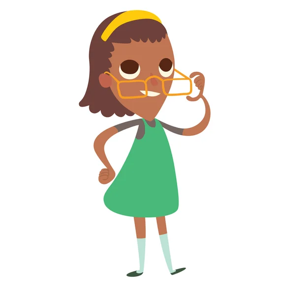 Funny petite fille noire dans des lunettes aux cheveux bruns ondulés — Image vectorielle
