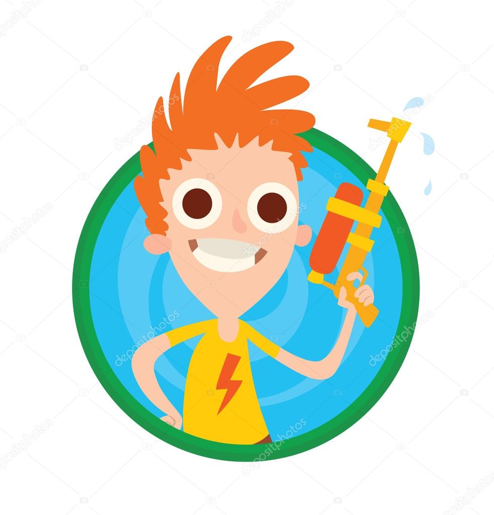 Cadre Rond Garçon Drôle Avec Le Pistolet Orange Jaune Deau