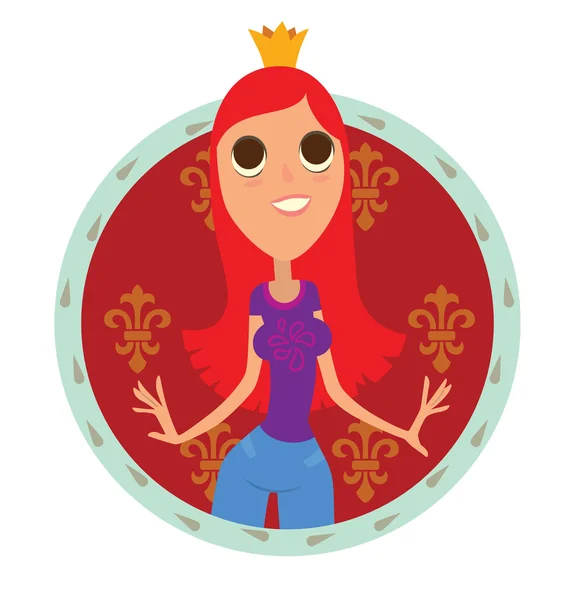 Круглая красно-синяя рамка, современная принцесса с длинными алыми волосами — стоковый вектор
