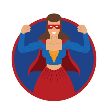 Yuvarlak çerçeve, kırmızı maskeli kadın süper kahraman