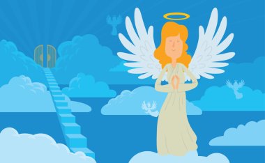 Female angel with long blond hair on a heaven background clipart