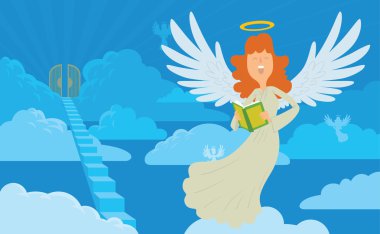 Female angel with red hair on a heaven background clipart