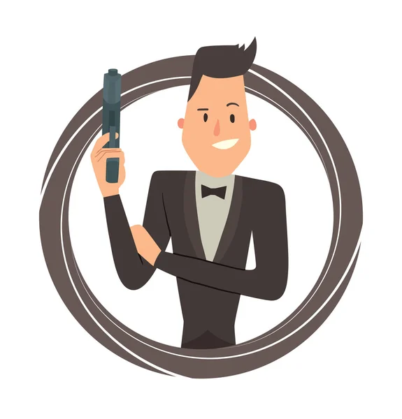 Black round frame, secret agent smiling with a gun — Stock Vector