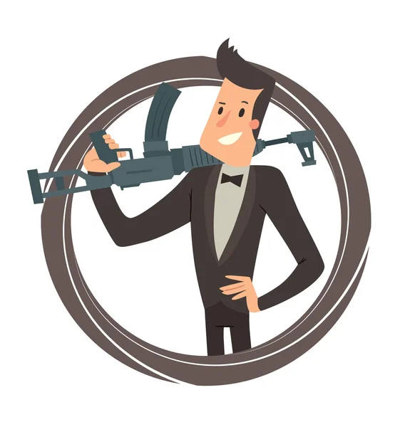 Black round frame, secret agent with a machine gun — Stock Vector