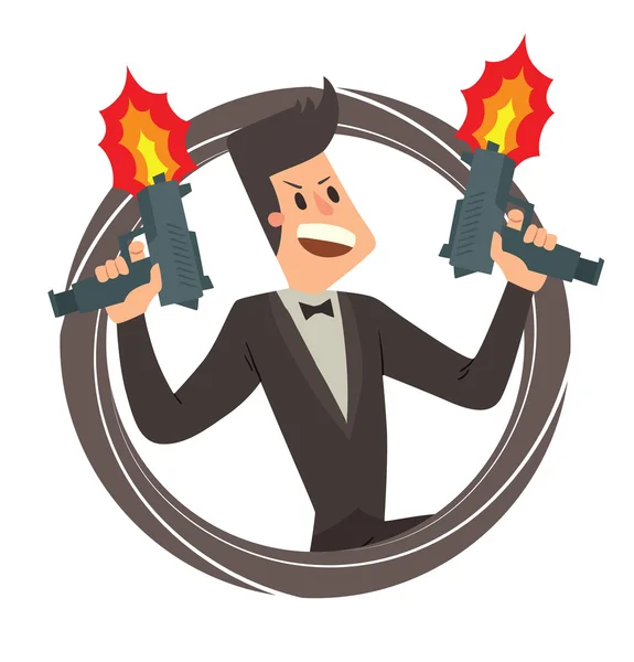 Black round frame, secret agent with two submachine guns — Stock Vector