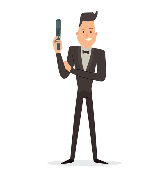 Super agent with a gray gun standing and smiling — Stock Vector