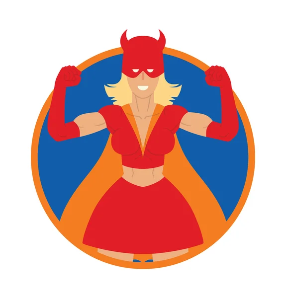 Marco redondo, superhéroe de mujer en máscara roja con cuernos — Archivo Imágenes Vectoriales