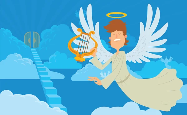 Male angel with brown hair on a heaven background — Stock Vector