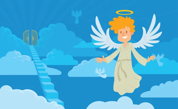 Маленький ангел-мужчина с светлыми волосами на фоне неба — стоковый вектор