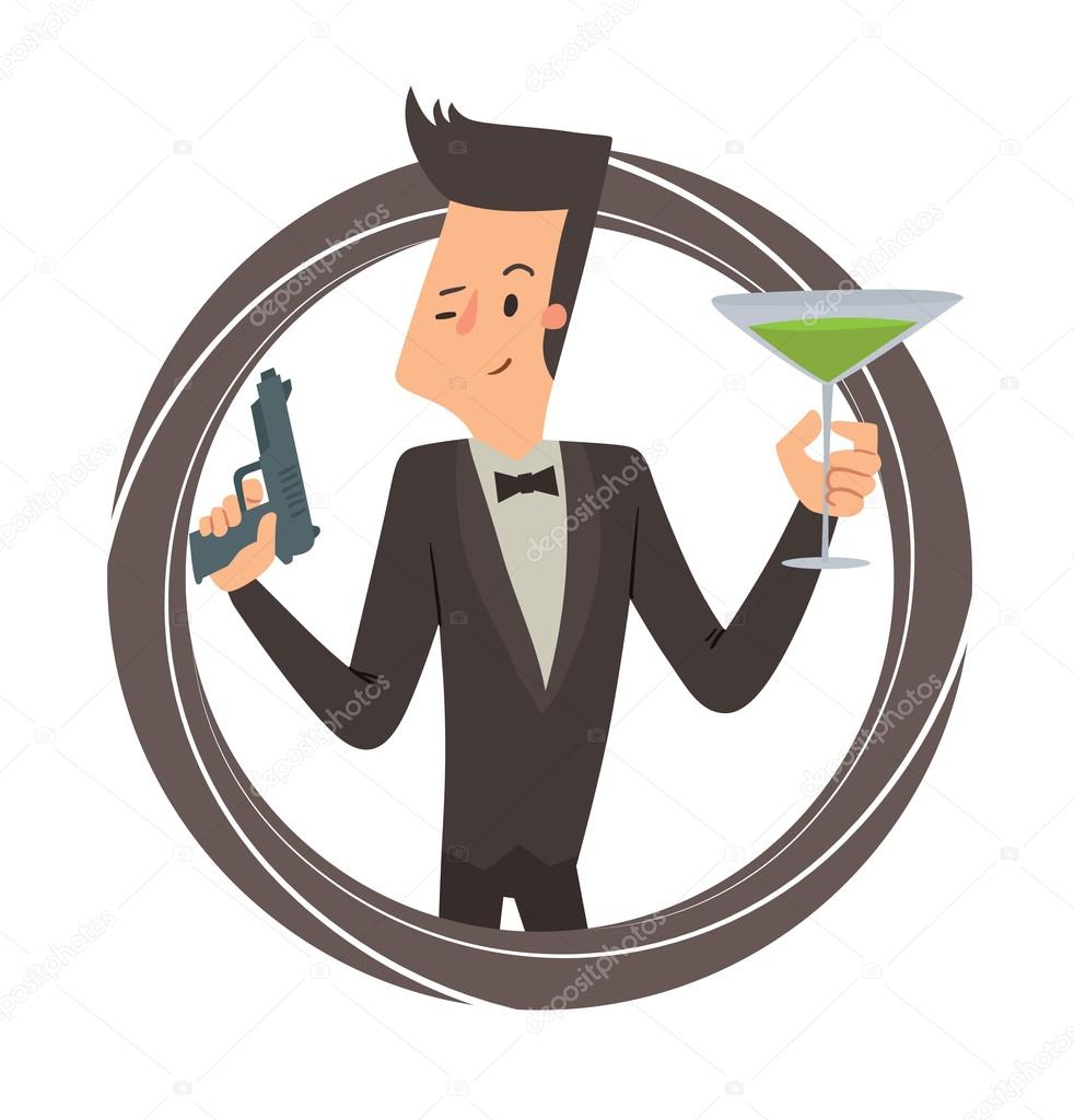 Black round frame, secret agent with gun and green cocktail