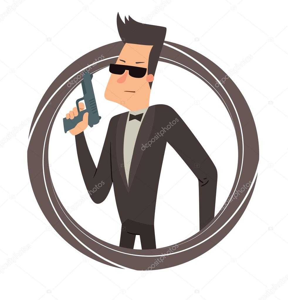 Black round frame, secret agent in sunglasses with a gun
