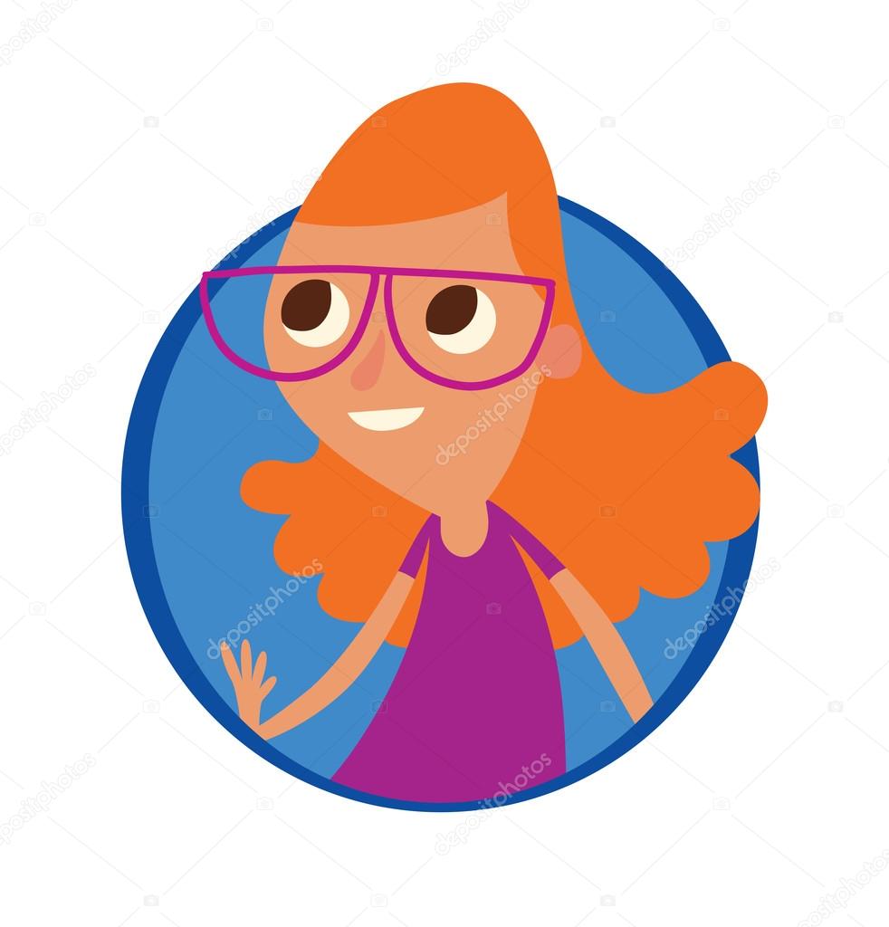 Round Blue Frame Little Girl In Glasses With Orange Hair Stock