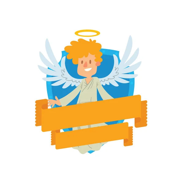 Amblem, sarı saçları ile küçük erkek melek — Stok Vektör
