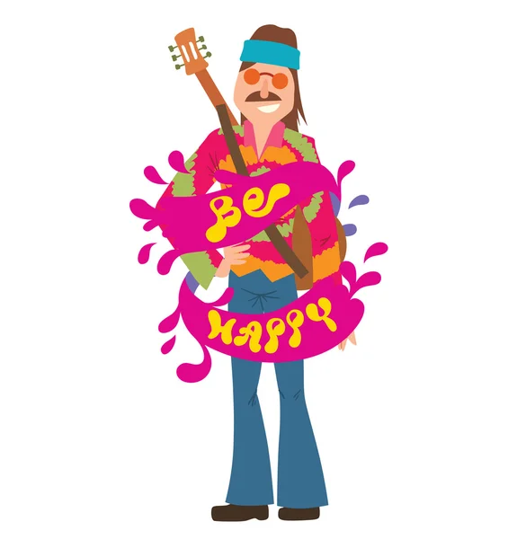 Hippie s hnědými vlasy, knírek, růžovým proužkem "buď šťastný" — Stockový vektor