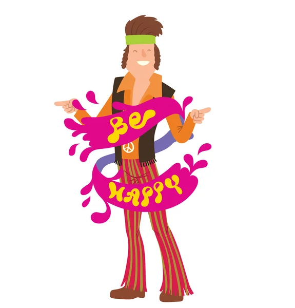 Hombre hippie con pelo castaño rizado, bandera rosa "Sé feliz " — Vector de stock