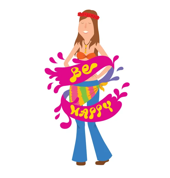 Mujer hippie con cabello castaño, bandera rosa "Sé feliz " — Vector de stock
