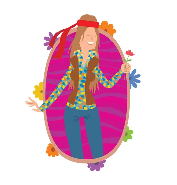 Oválný rám, ženský hippie s dlouhými hnědými vlasy — Stockový vektor