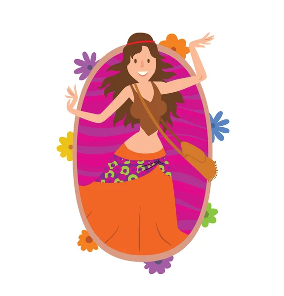 Cadre ovale, femme hippie aux longs cheveux foncés — Image vectorielle