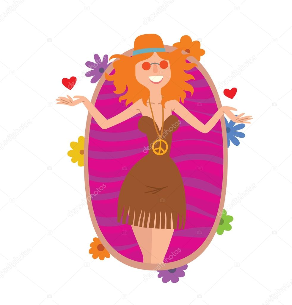 Oval frame, woman hippie with wavy red hair