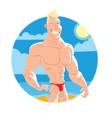 Yuvarlak çerçeve, sahilde kaslı adam