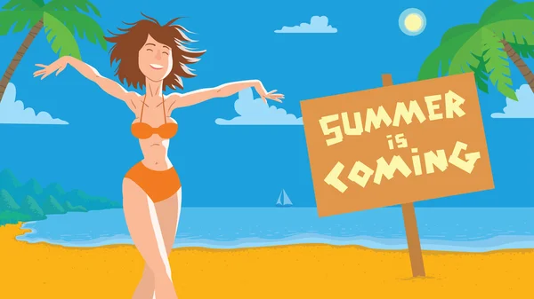 Cartão de verão, bela mulher magra na praia — Vetor de Stock