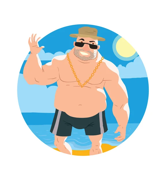 Round frame, big man on the beach — Stock Vector