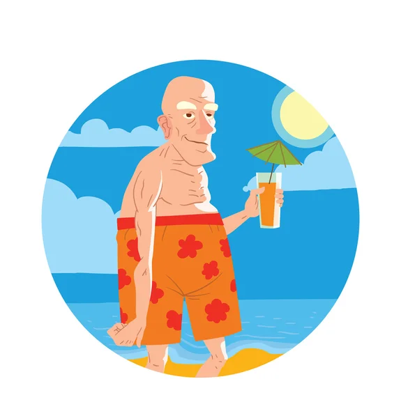 Round frame, old bald man on the beach — Stock Vector