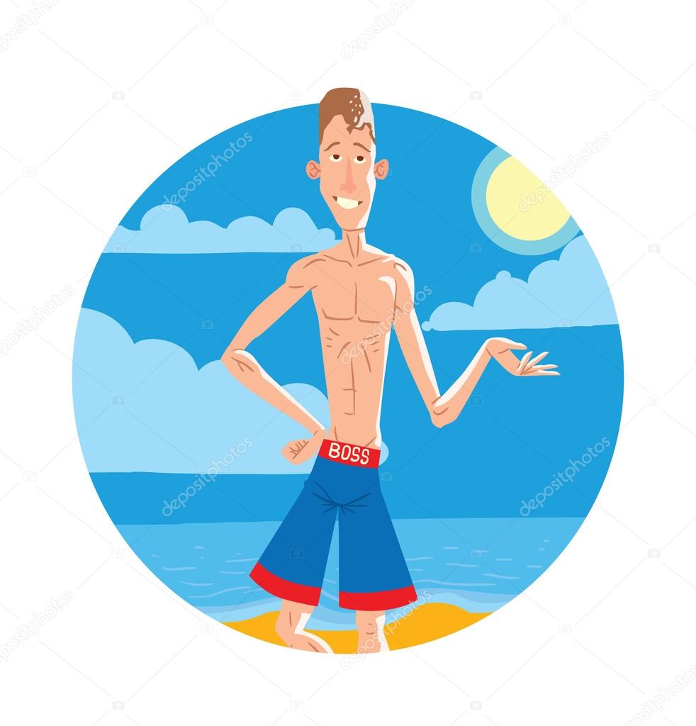 Round frame, very thin man on the beach
