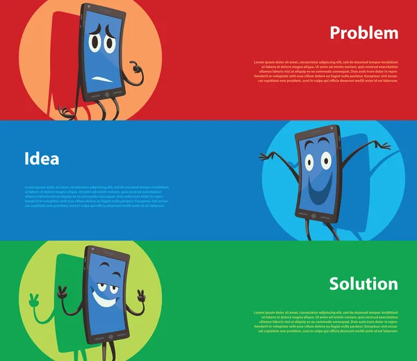 Drie horizontale banners, beledigd, gelukkige en vrolijke smartphones — Stockvector