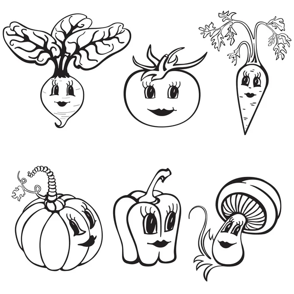 Set of cartoon funny vegetables black and white — Stock Vector