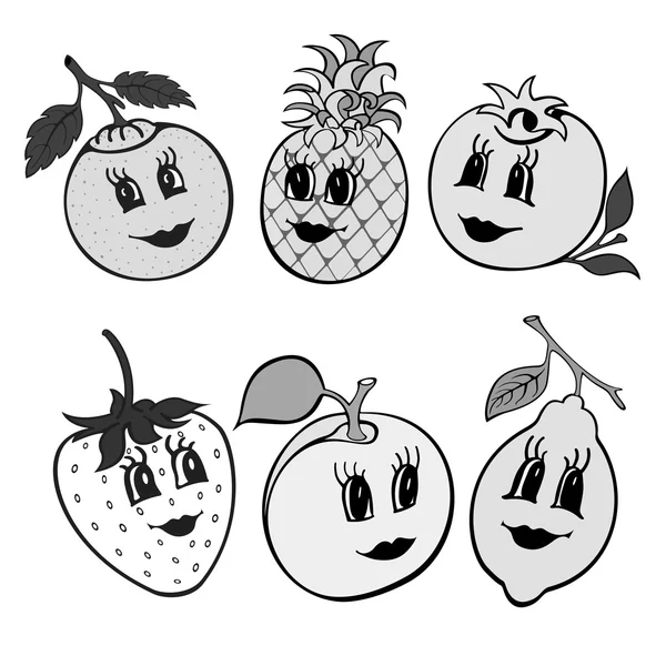 Uppsättning av 6 tecknade roliga frukt grå — Stockfoto
