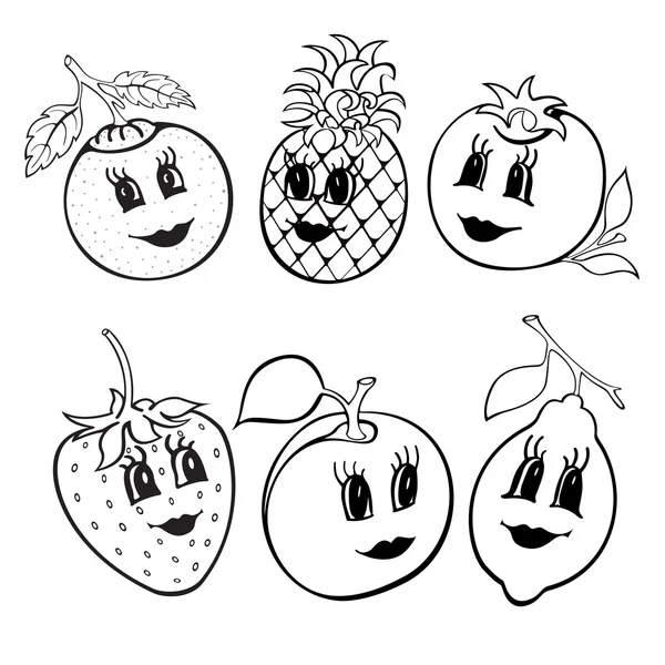 Conjunto de 6 desenhos animados fruta engraçada preto e branco —  Vetores de Stock