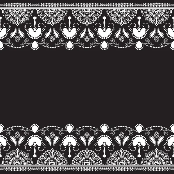 インド、花を持つヘナボディー ライン レース要素パターン黒の背景に入れ墨のためのカード — ストックベクタ