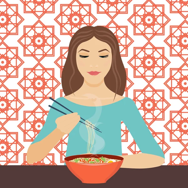 Mujer comiendo fideos — Vector de stock