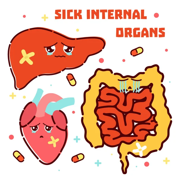 Enfermo órganos internos icono de dibujos animados conjunto — Archivo Imágenes Vectoriales