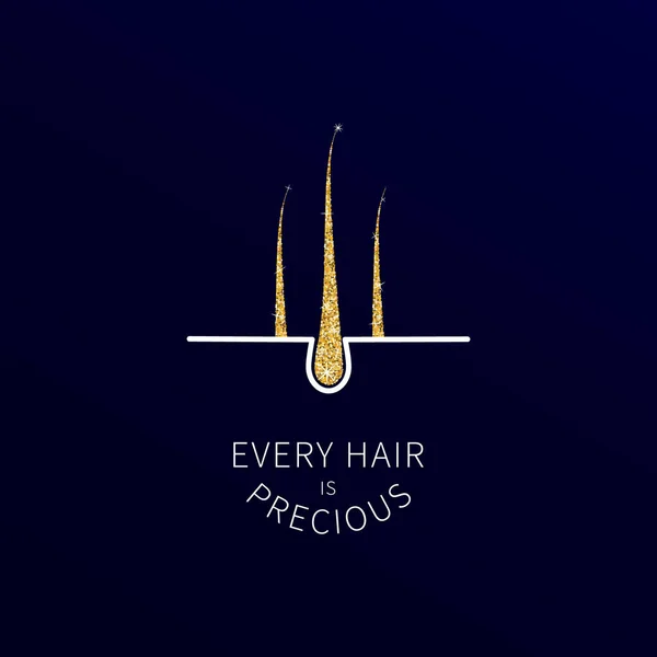 Hair follicles with gold glitter texture, inspirational motivational quote every hair is precious. Medical diagnostics symbol on dark background. Perfect for transplant and diagnostic clinics.