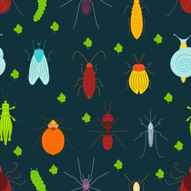Böceklerin kusursuz deseni ve arka planda hasarlı yapraklar. Parazit böcek konsepti. İmha şirketleri için mükemmel. Vektör illüstrasyonu.
