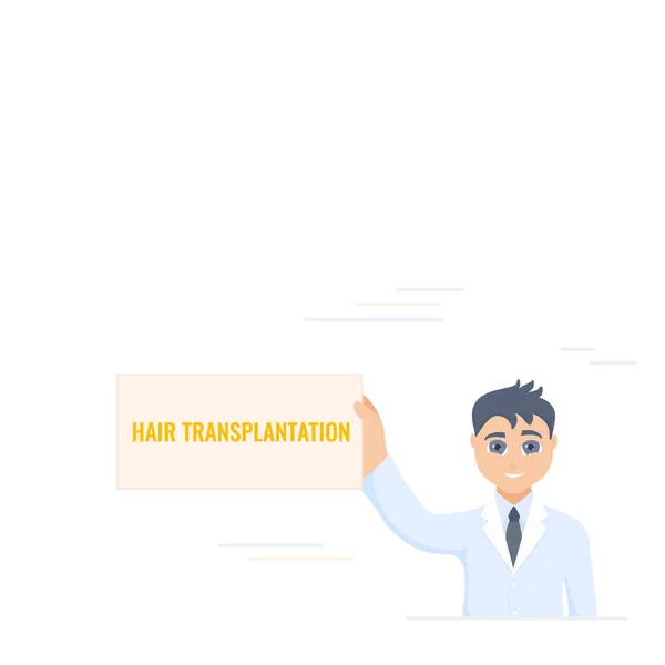 Tarjeta de trasplante de cabello en manos de un médico varón — Vector de stock