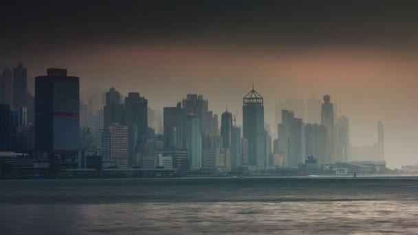 Slunečný Mlha Panorama Čas Výpadek Hong Kong Město Chůze Bay — Stock video