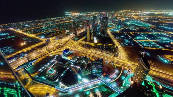Iluminación Nocturna Dubai Tráfico Centro Azotea Superior Panorama Time Lapse — Vídeos de Stock