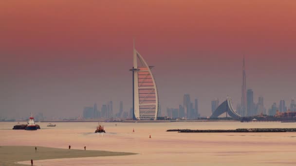 Dubai Bay Sunset Famous Hotel Buildings Panorama Time Lapse Uae — Stockvideo