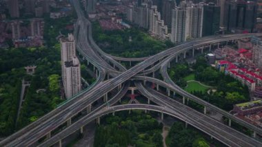 summer day shanghai traffic road junction roof top panorama 4k time lapse china