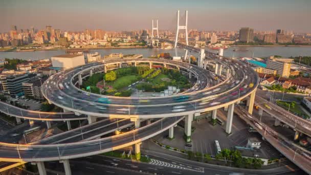 Shanghai Sonnenuntergang Verkehr Straße Kreuzung Bucht Dach Oben Panorama Zeitraffer — Stockvideo