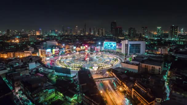 Luz Noite Bangkok Círculo Tráfego Quadrado Telhado Vista Superior Tempo — Vídeo de Stock