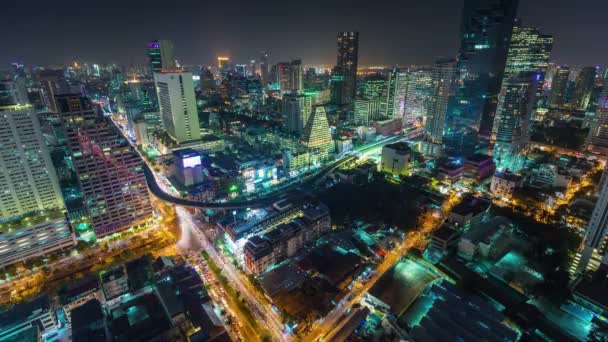 Night Bangkok Downtown Roof Top Traffic Street Panorama Time Lapse — Stock Video