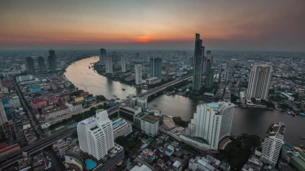 Zonsondergang Bangkok Beroemde Hotel Dak Boven Rivier Panorama Tijd Lapse — Stockvideo