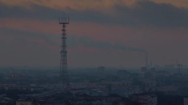 sunset city tv tower aerial minsk panorama 4k time lapse belarus