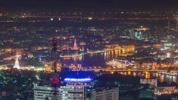 Bangkok Słynnej Nocy Światła Rzeki Świątyni Panorama Czas Upływu Tajlandii — Wideo stockowe