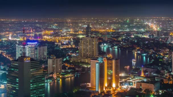 Nacht Bangkok Stad Rivier Verkeer Dak Panorama Tijd Lapse Thailand — Stockvideo