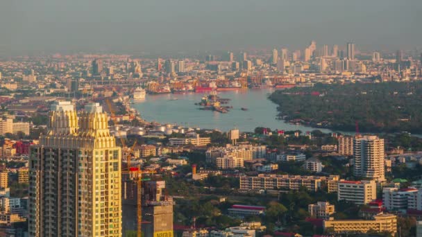 Pôr Sol Luz Bangkok Rio Tráfego Porto Panorama Tempo Lapso — Vídeo de Stock